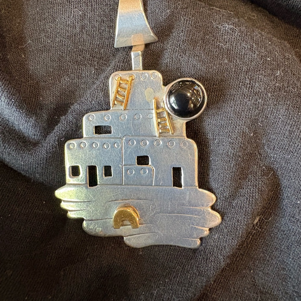 Large, solid Sterling Silver and Gold Adobe Pendant with Black Stone